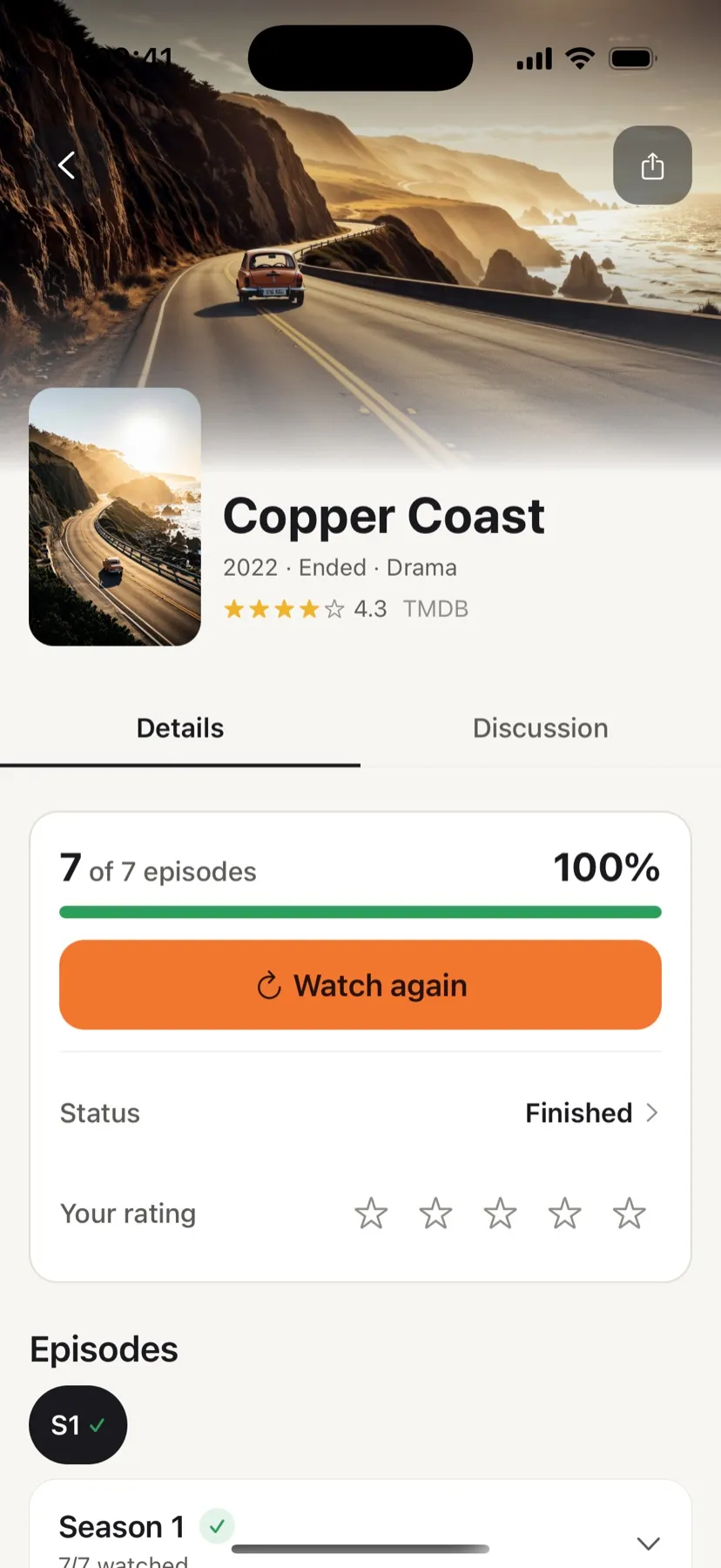 ScreenAtlas app screenshot: show detail with episode progress and a continue watching button