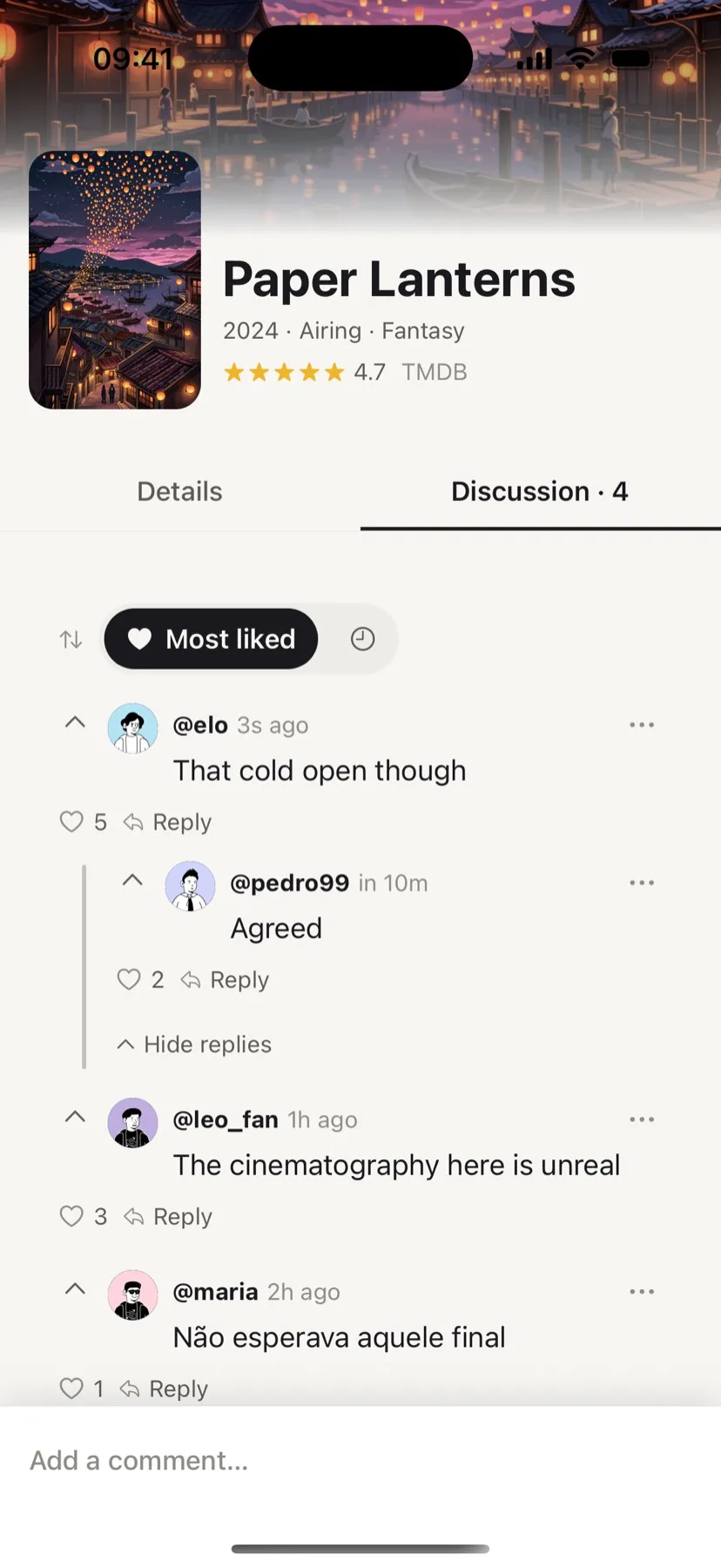 ScreenAtlas app screenshot: discussion thread with comments, replies and likes