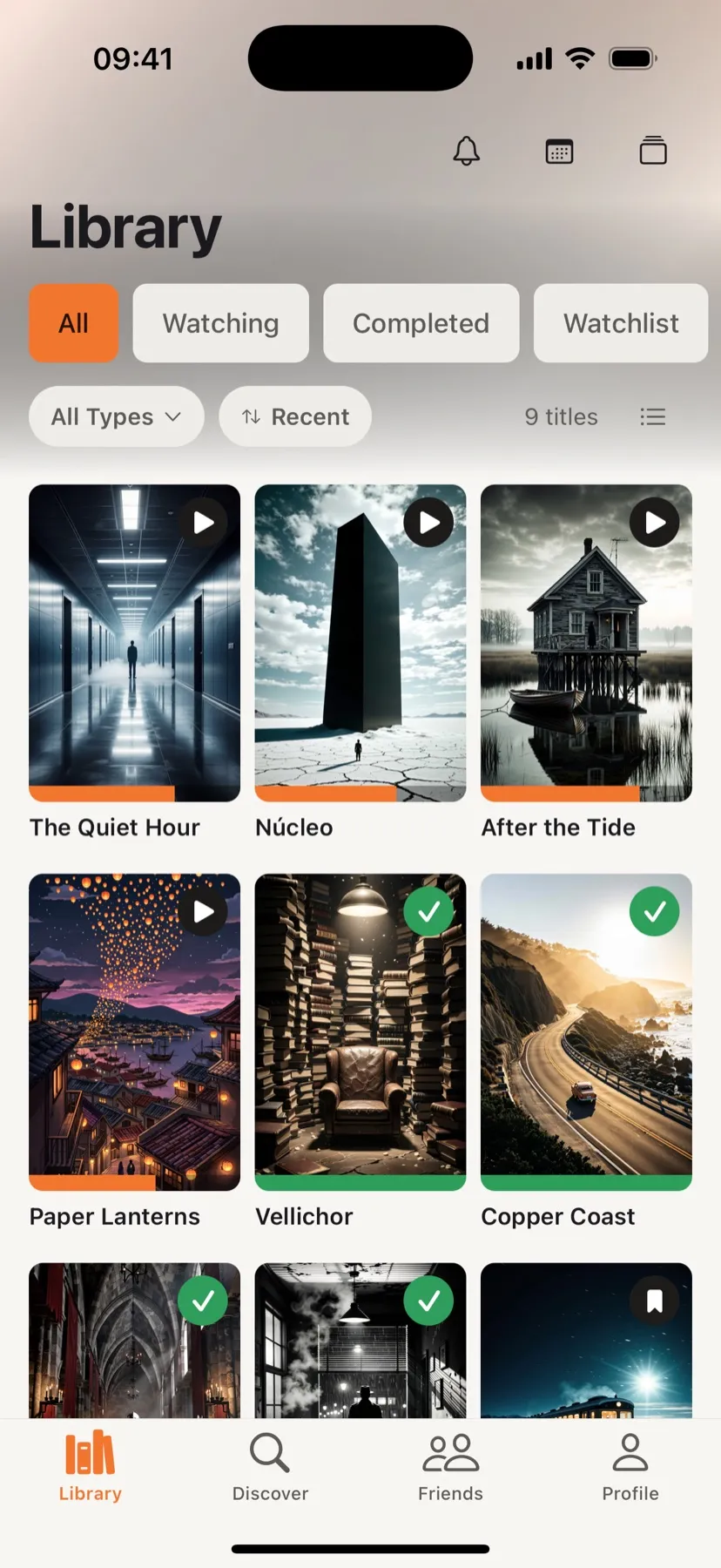 ScreenAtlas app screenshot: library grid with poster wall, progress bars and status badges