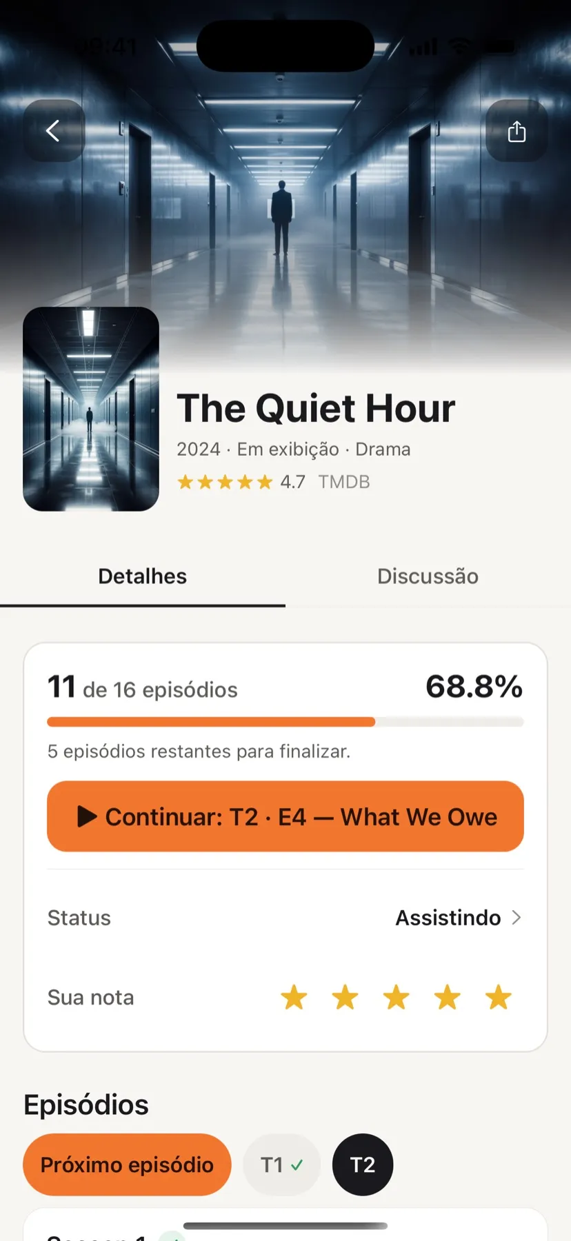 Captura do app ScreenAtlas: detalhes da série com progresso de episódios e botão de continuar assistindo