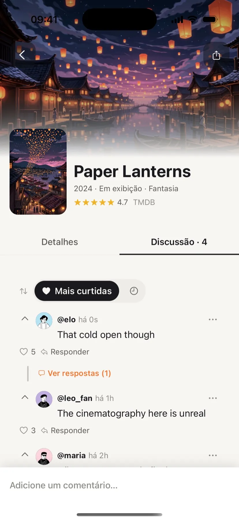 Captura do app ScreenAtlas: discussão com comentários, respostas e curtidas