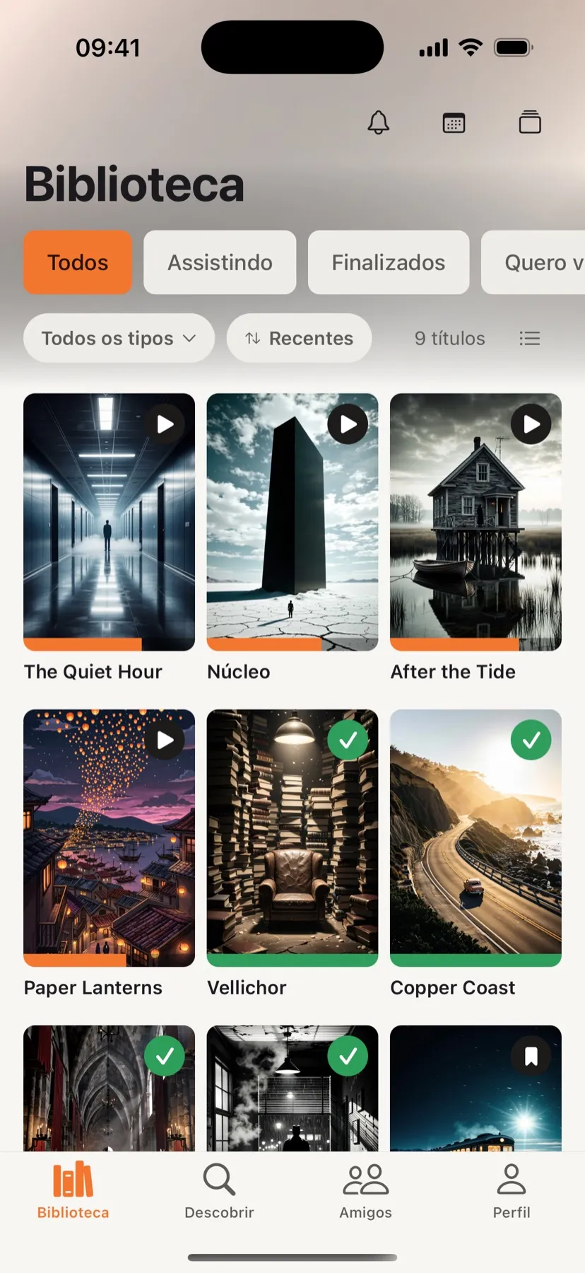 Captura do app ScreenAtlas: grade da biblioteca com pôsteres, barras de progresso e selos de status