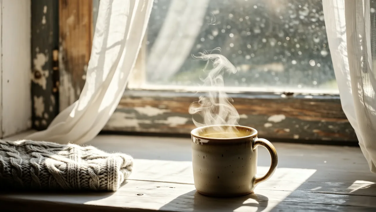 A ceramic mug with steam rising sits next to a cozy folded blanket on a sunlit windowsill