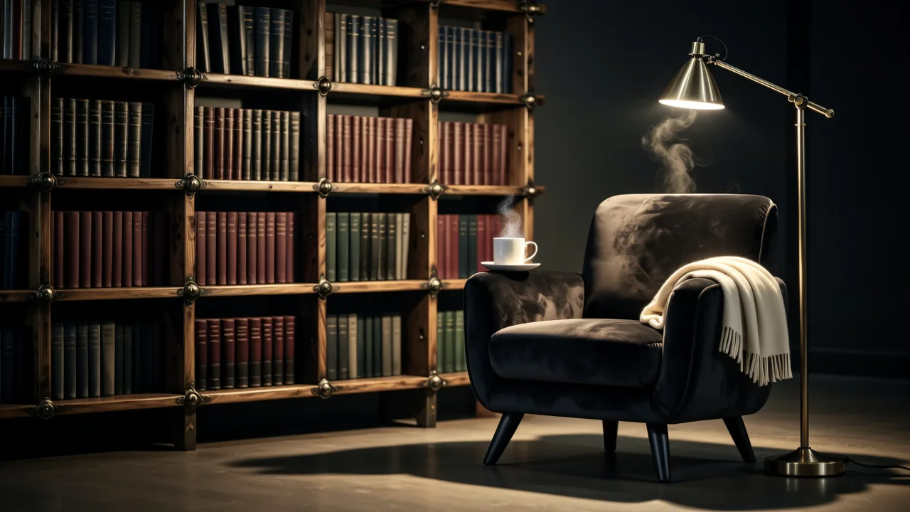 A cozy armchair with a soft blanket and a steaming mug next to a bookshelf in warm lamplight
