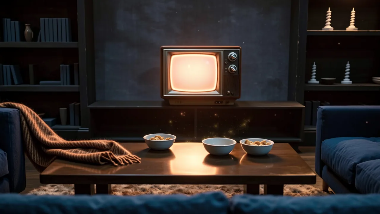 A quiet living room at night with a glowing TV screen, empty snack bowls, and a cozy blanket, evoking a perfect binge-watching evening