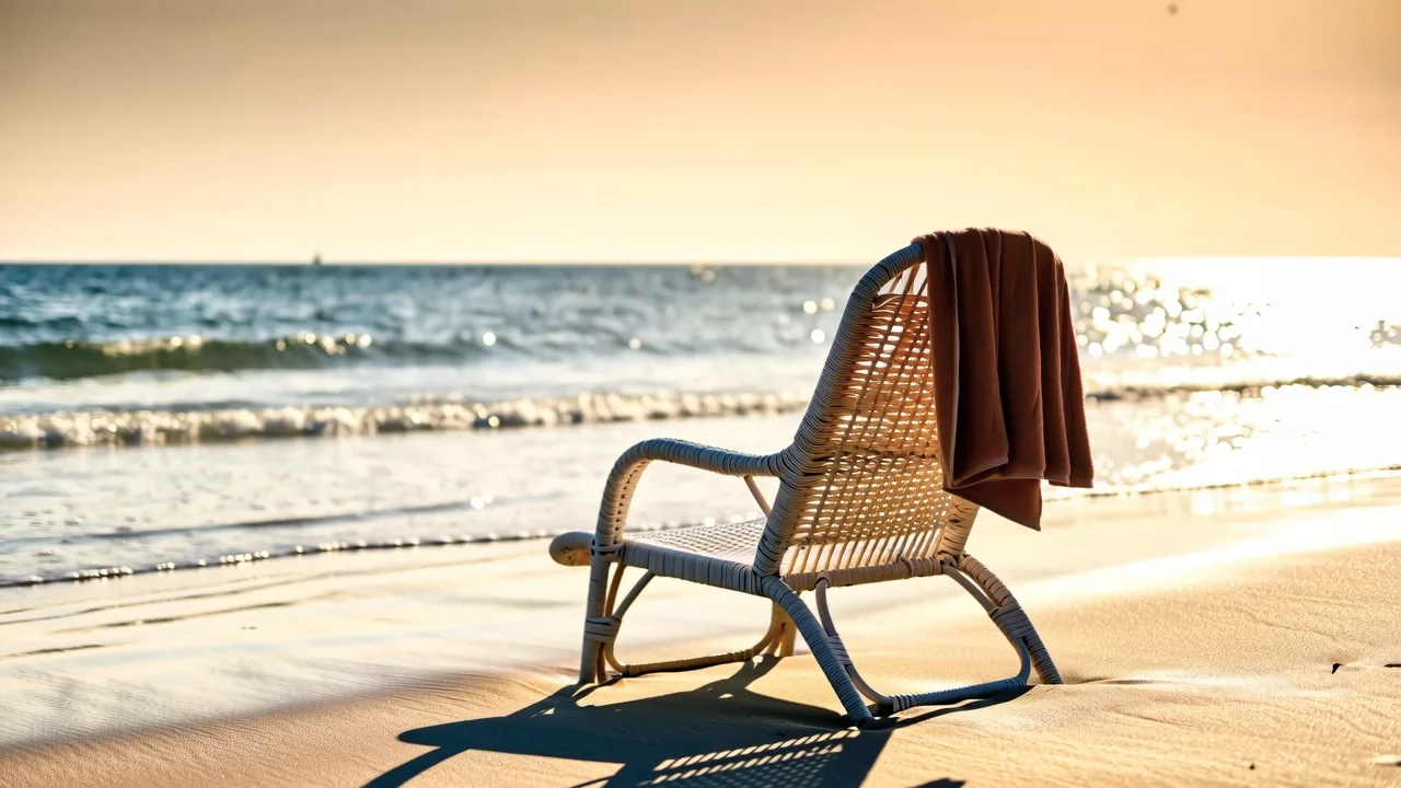 An empty beach at sunset with one lounge chair and a folded towel