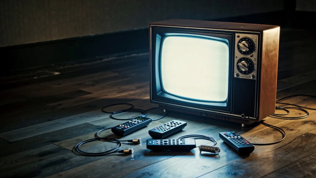 An old television displaying static, with remotes and cables around it on a dark wooden floor.