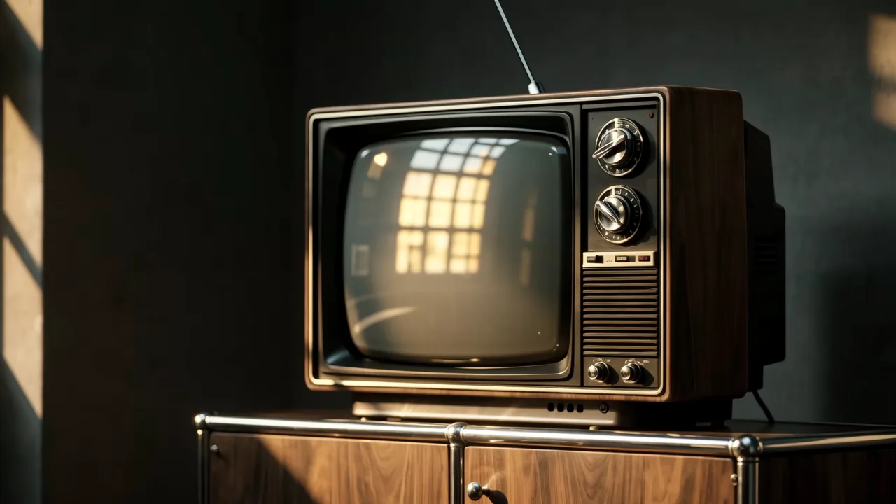 An old television set with a dark screen sits in soft natural light near a window