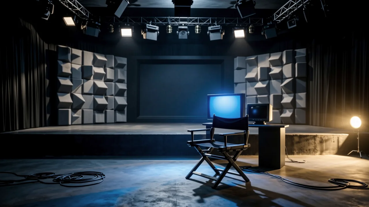 An abandoned TV production space with an overturned chair and a softly glowing blank screen