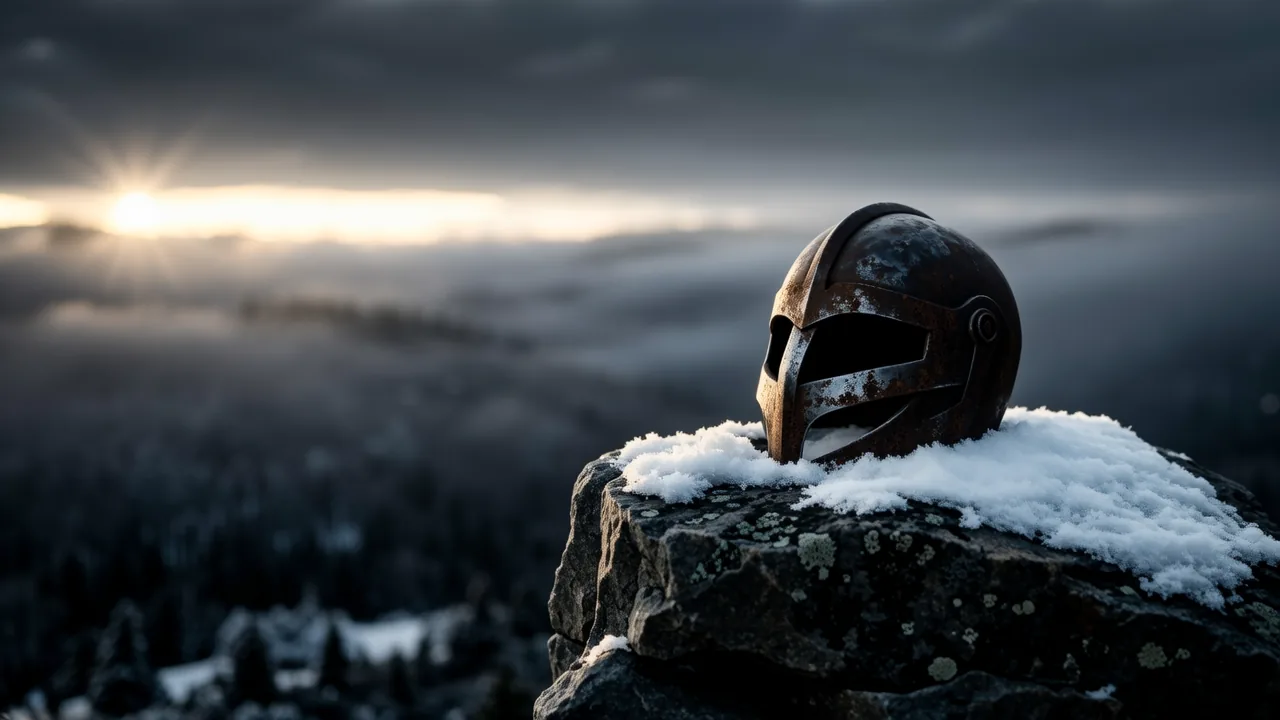 Capacete nórdico antigo repousado sobre uma rocha coberta de neve, envolto em névoa e luz tênue