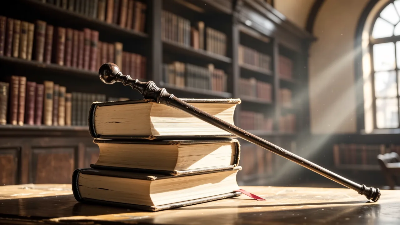 Varinha de madeira sobre livros fechados com luz quente entrando por uma janela
