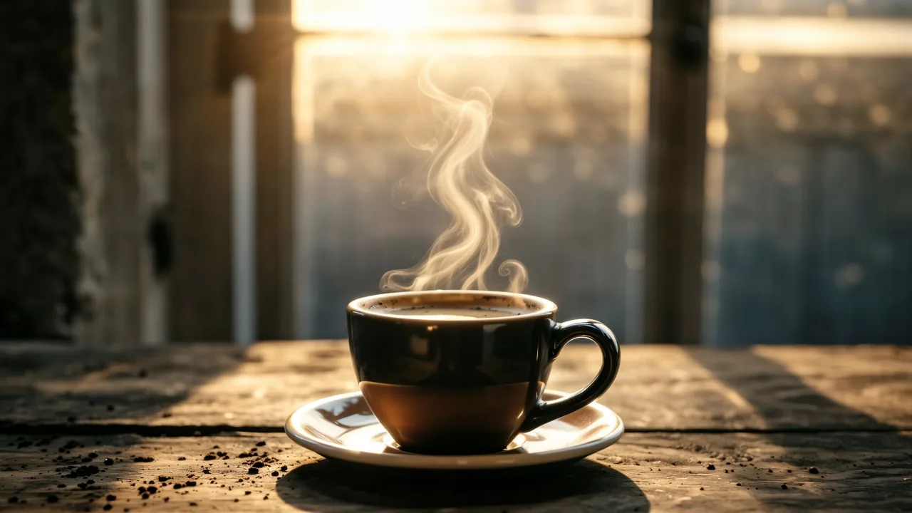 xícara de café fumegante sobre mesa de madeira com luz quente do entardecer