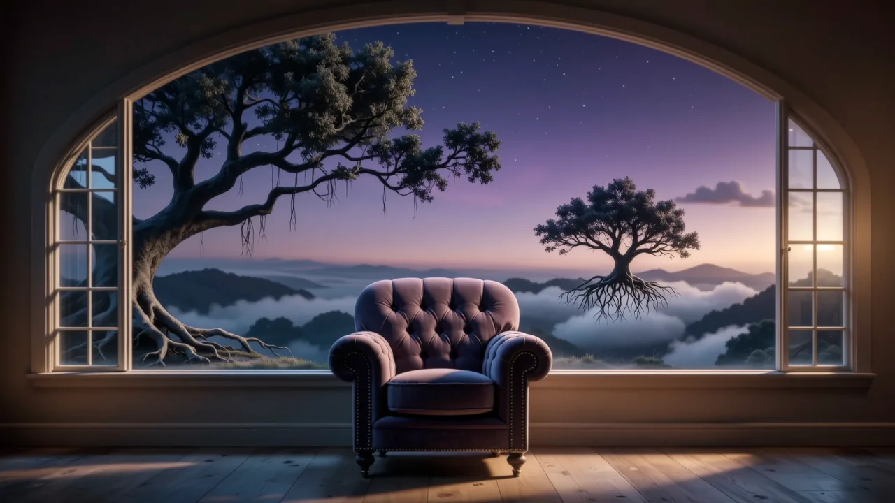 poltrona vazia diante de uma janela com vista para uma paisagem surreal de céu roxo e árvores flutuantes