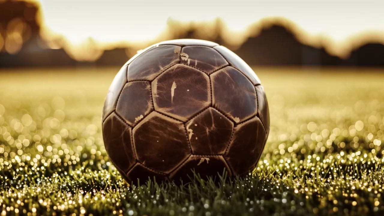 Uma bola de futebol de couro desgastada na grama orvalhada sob luz dourada do entardecer