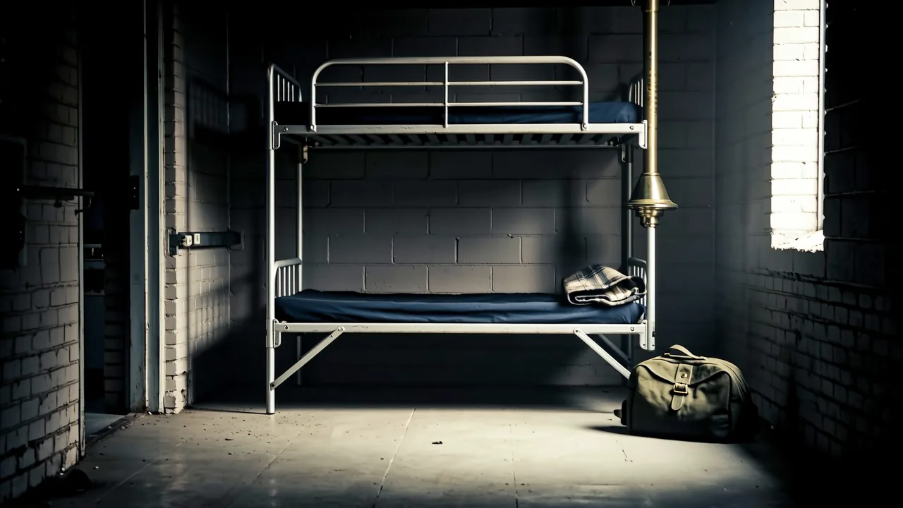 An empty fire station bunk room with a neatly made bed and a duffel bag near the exit, symbolizing a firefighter's departure
