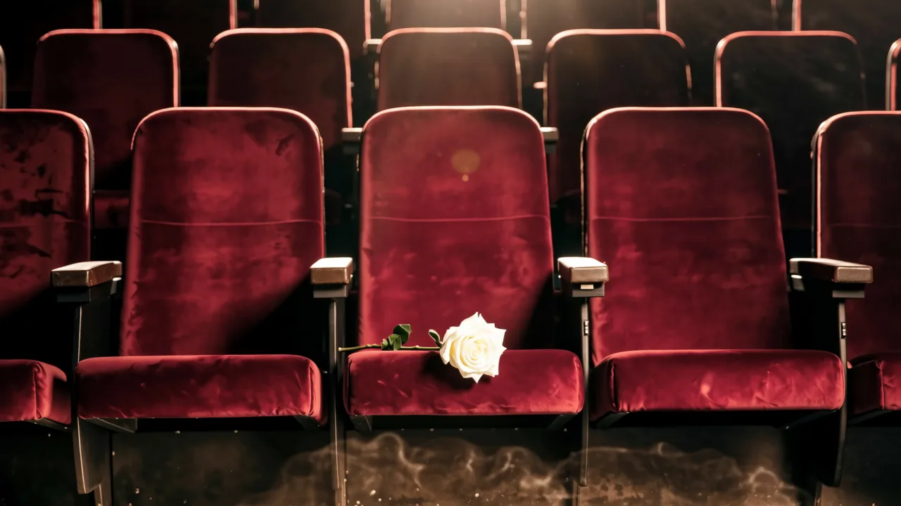 An empty theater seat in warm golden light with a white rose on the armrest