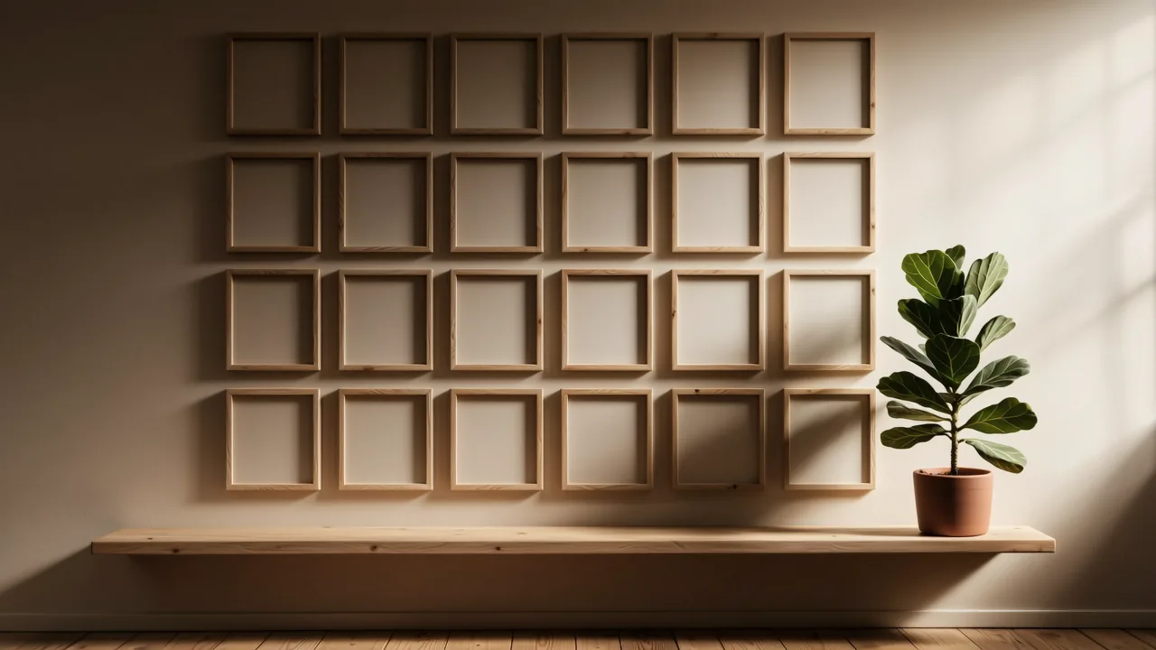 A wall of empty wooden picture frames beside a small shelf with a potted plant in warm lamplight