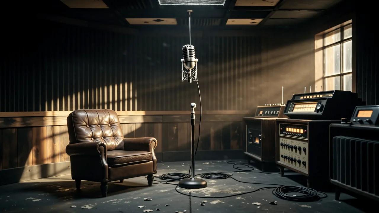 An empty vintage radio studio with a suspended microphone and warm ambient lighting
