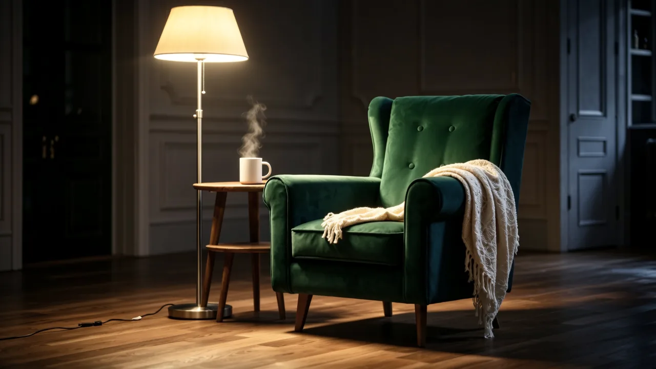 A well-worn armchair with a knitted blanket and a steaming mug in a cozy room at night