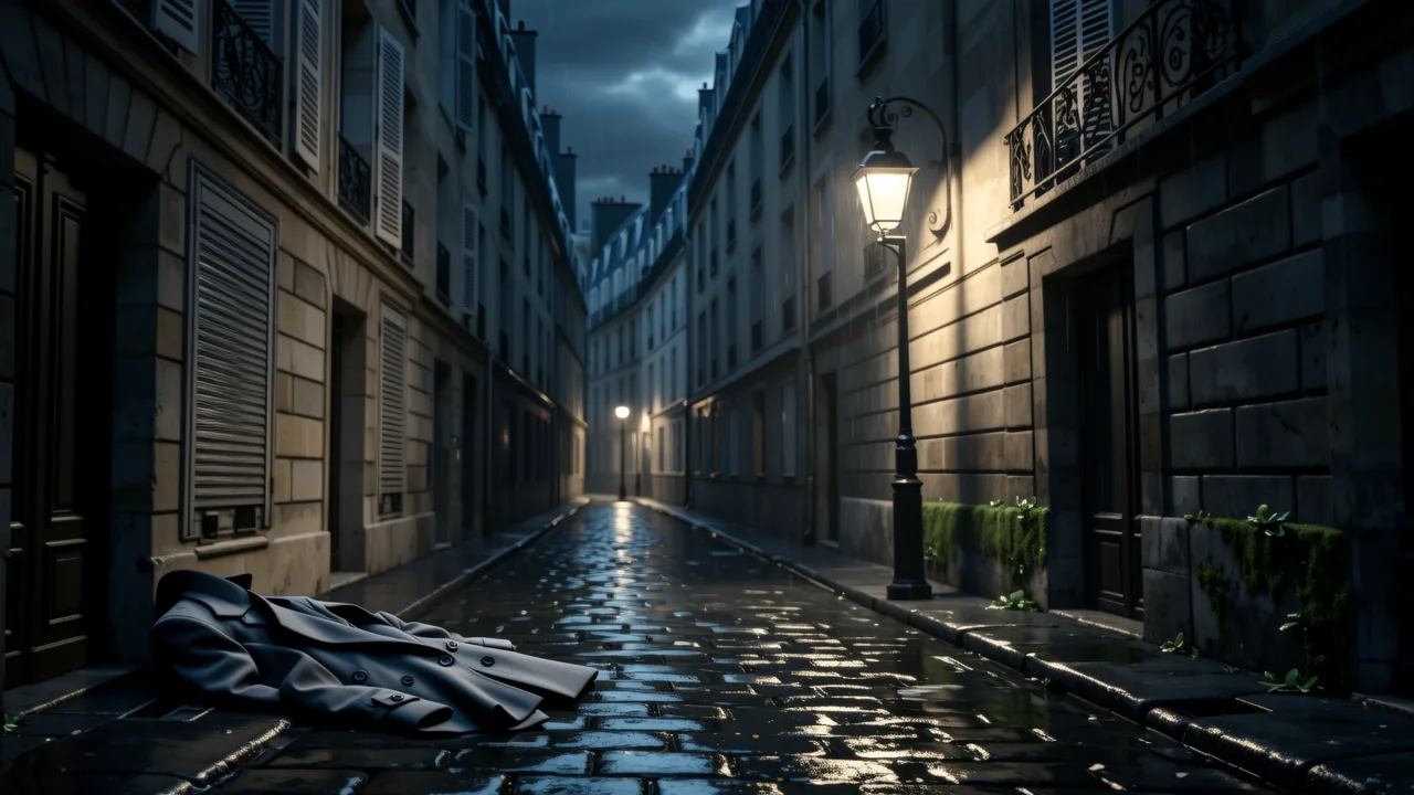 A dark, wet alley in Paris with a trench coat lying on the cobblestones under a dim streetlight