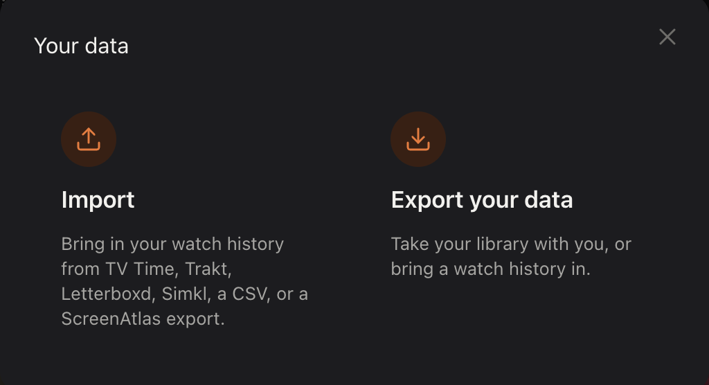 The ScreenAtlas 'Your data' dialog with two choices side by side: Import, and Export your data.