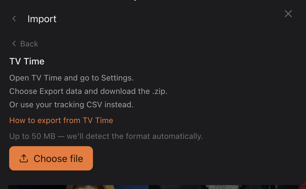 The ScreenAtlas import file step for TV Time, showing short export instructions, a 'How to export from TV Time' link, a 50 MB size note, and a 'Choose file' button.