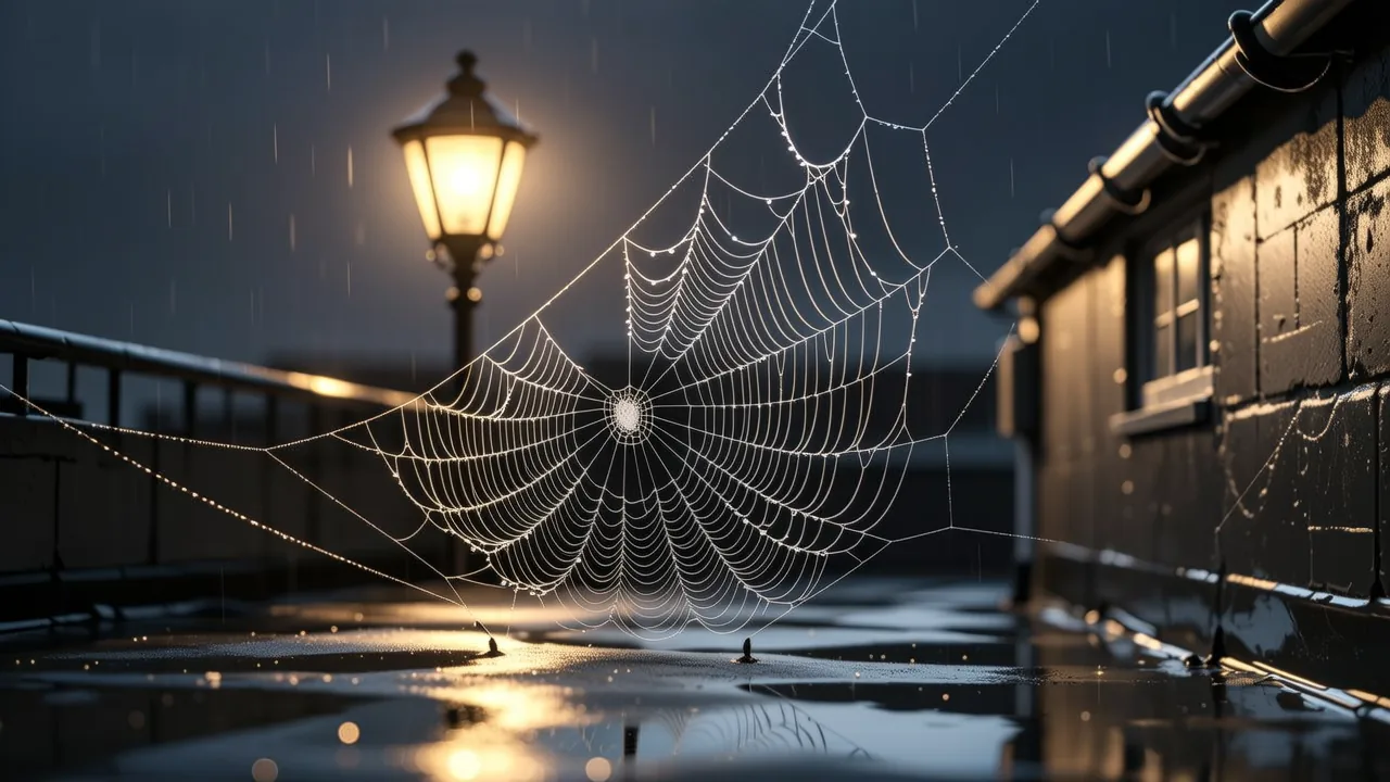 Rain-drenched rooftop at night with a glistening, partially destroyed spiderweb under a streetlamp