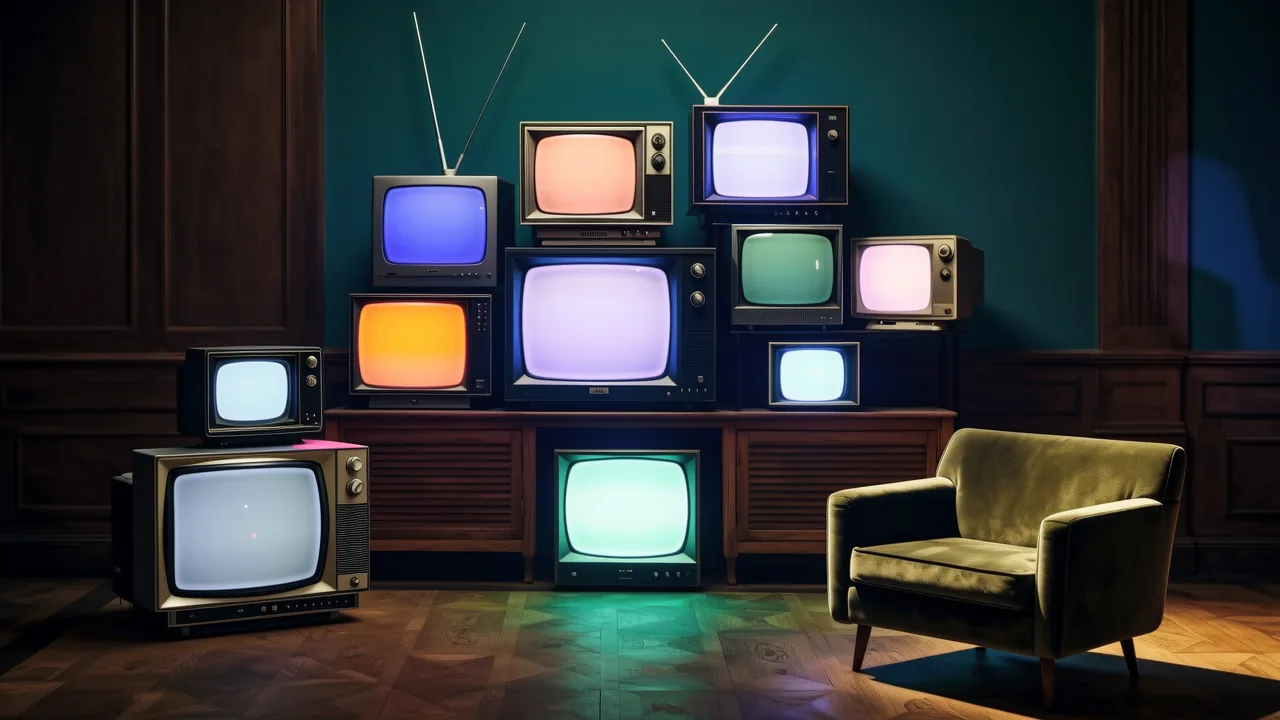 Multiple blank glowing television screens on a dark wall, each casting a different colored ambient glow