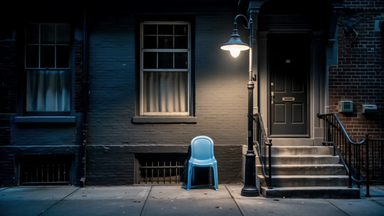 An empty stoop on a Baltimore row house at dusk with a plastic chair and flickering streetlight.