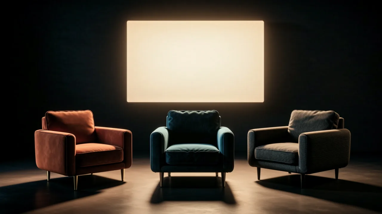 Three different-colored armchairs in a row facing a blank glowing screen in a dark room
