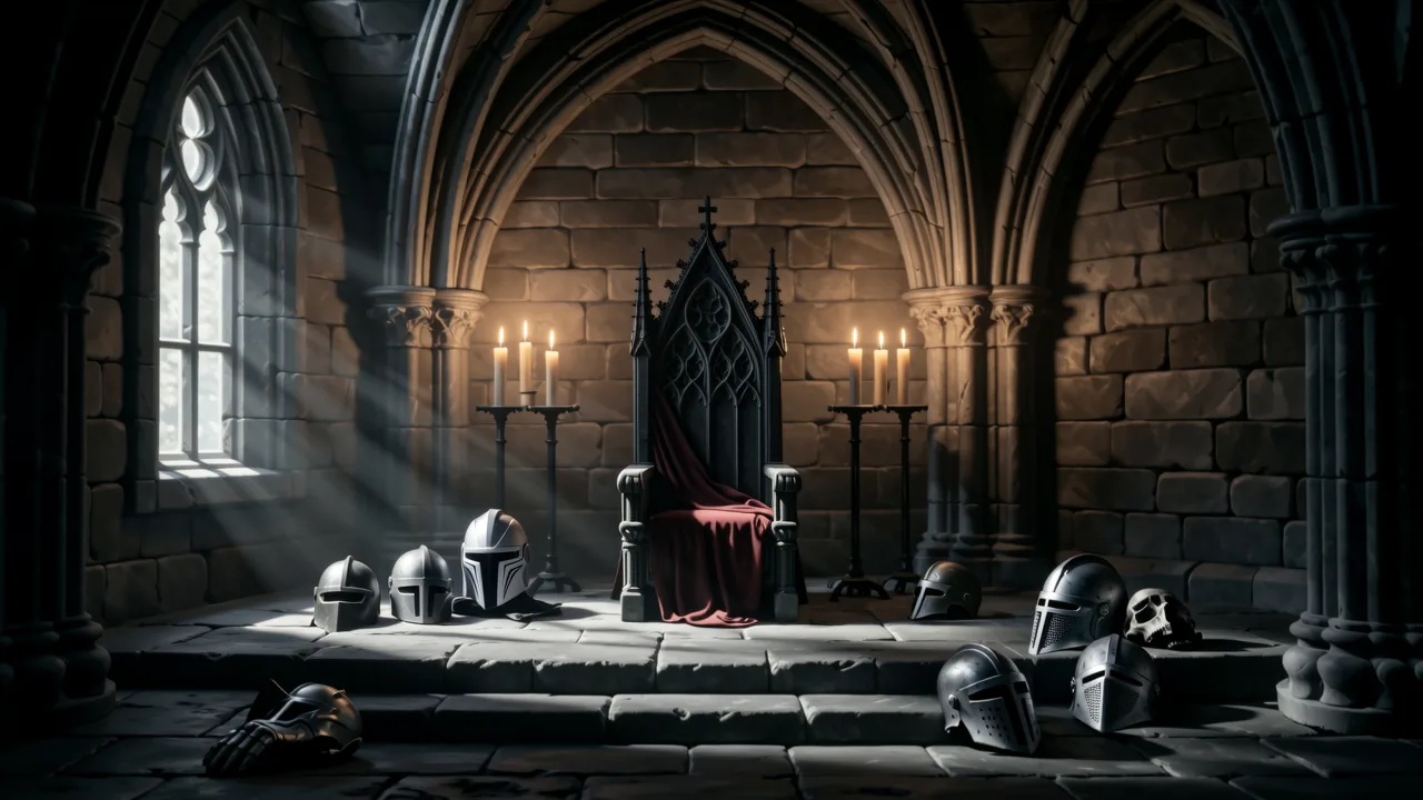 Gothic chamber with flickering candles, empty obsidian throne, and scattered ancient armor on stone floor