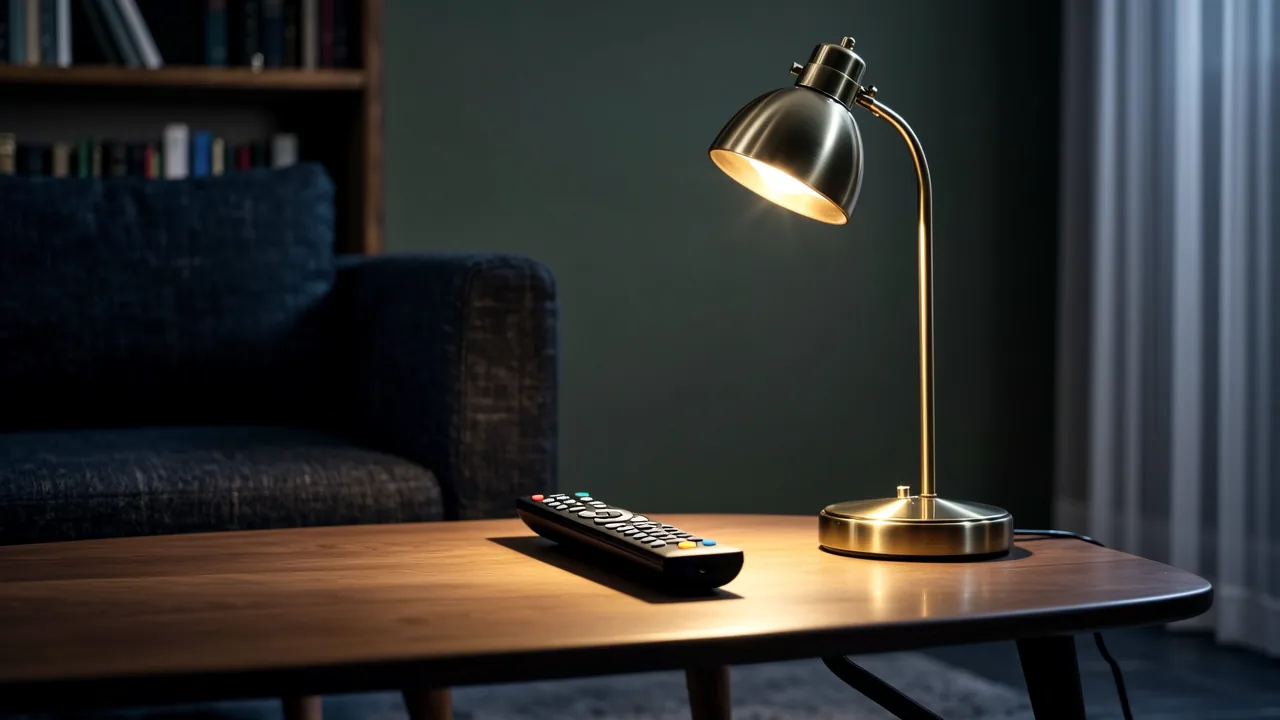 Remote control on a coffee table in a cozy, empty living room with warm ambient light